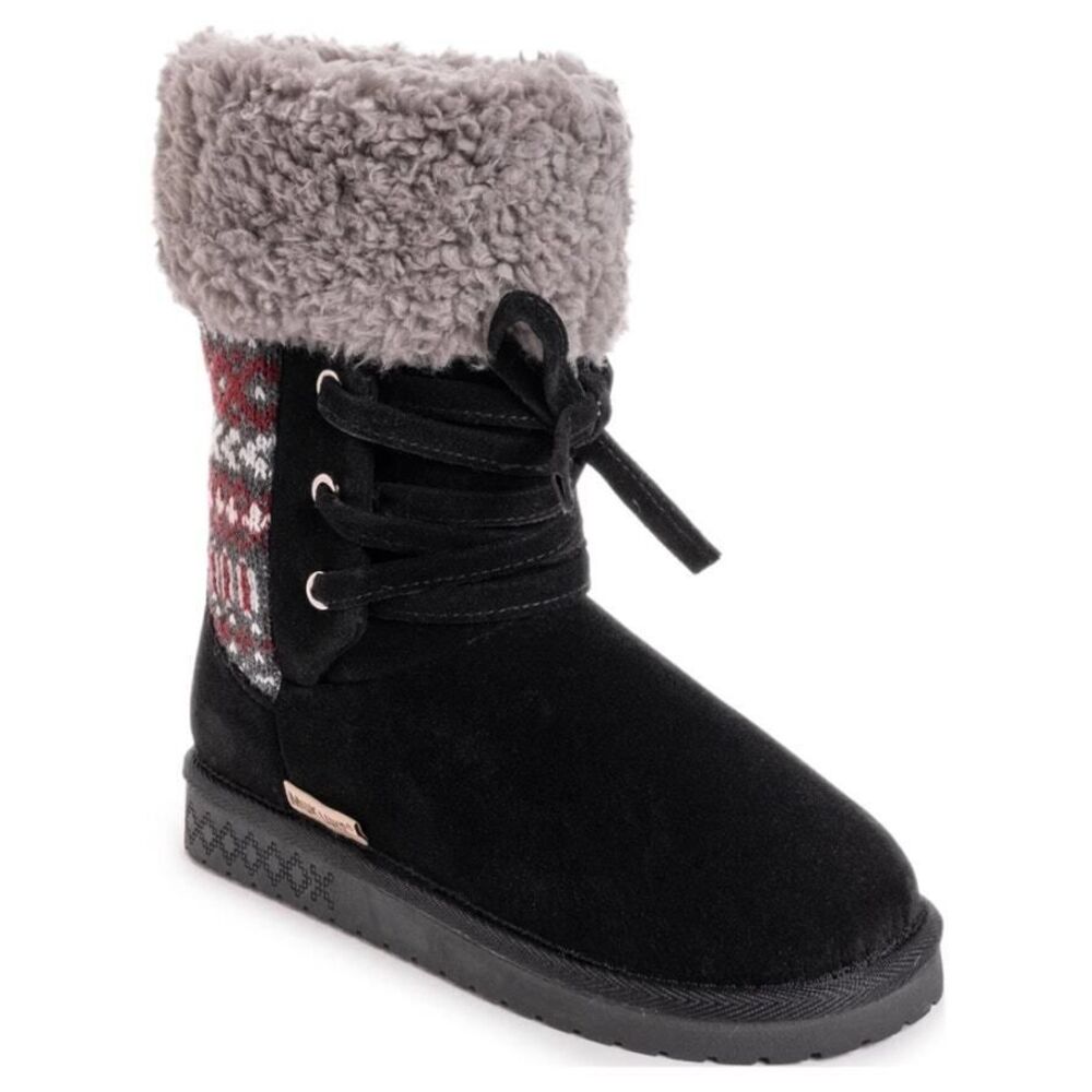 MUKS LUKS Melba Booties Womens‎ Size 7 Black Faux Fur Lined Lace Up Memory Foam